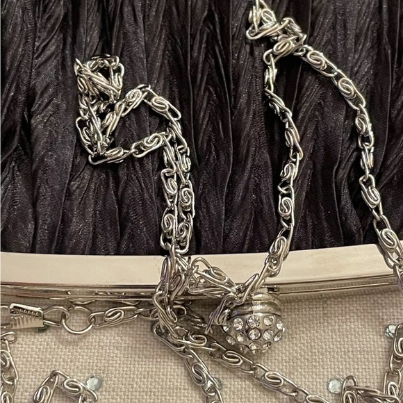 Vintage Neiman Marcus Black Silk Clutch Purse Silver Chain & Rhinestone Clasp - Picture 6 of 11